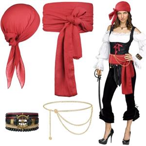 Alaoo Set di 4 accessori per costume da pirata, accessori da capitano pirata con bandana, fascia e cintura, costume medievale rinascimentale per feste di Halloween, rosso