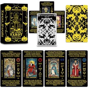 Smoostart Tarocchi neri in stile Halloween con significati, mazzo di tarocchi con guida per principianti, i tarocchi degli elementi di Halloween contengono molteplici interpretazioni versione inglese