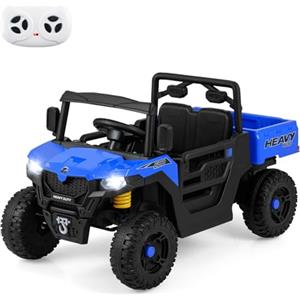 COSTWAY 12V Macchina Elettrica per Bambini 2 Posti, Auto Elettrica con Cassone Ribaltabile, Telecomando, Musica, Storie, Luci LED e Sospensione a Molla, Giocattolo per Bambini 3-8 Anni (Blu Navy)