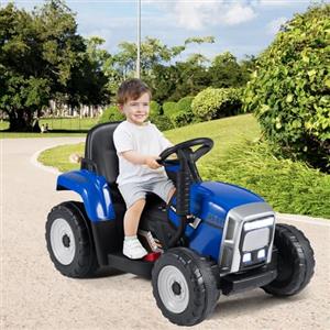 RELAX4LIFE Trattore Macchina Elettrica per Bambini 12V a 3 Marce con Rimorchio Staccabile e Telecomando 2,4G, Luci LED, Musica, Clacson e Funzione USB, per Bambini 3-8 Anni (BLU)