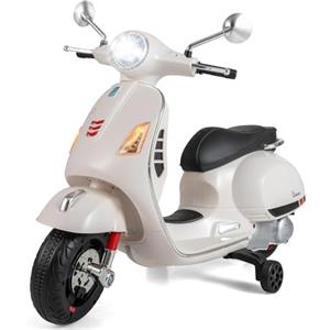RELAX4LIFE Moto Elettrica per Bambini, Vespa Licenziato con Luci LED, Ruote di Addestramento, Musica, Clacson e Pulsante di Avvio Unico, Batteria da 12V, per Bambini 3-6 Anni (BIANCO)