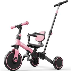 besrey Triciclo per Bambini 4 in 1, Bici senza Pedali per bambine e bambini da 1 a 3 anni, Triciclo con Maniglia di Spinta, Schienale e Cintura di Sicurezza, Rosa