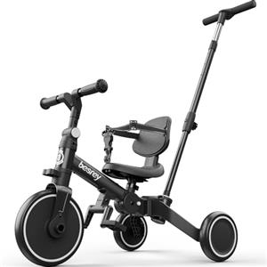 besrey Triciclo per Bambini 4 in 1, Bici senza Pedali per bambine e bambini da 1 a 3 anni, Triciclo con Maniglia di Spinta, Sedile Regolabile, Pedali rimovibili, Nero
