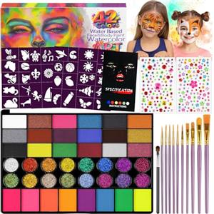 LOPHE Body Painting 42 Colori 17PC Truccabimbi Kit con Pennelli, Stencil, Adesivi di Diamanti, Trucca Bimbi, Halloween Make Up Body Painting