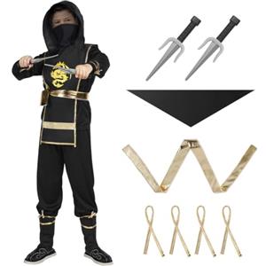 AOOWU Ninja Costume, Vestito Ninja Bambino in Oro con Accessori da Ninja, Costumi di Ninja Halloween Fancy Dress per Festa, Carnevale(M)