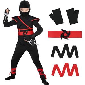 AOOWU Ninja Costume, Set Cosplay Ninja con Accessori da Ninja, Costumi di Ninja Halloween, Ragazzi Ragazze Fancy Dress per Festa, Carnevale(L)