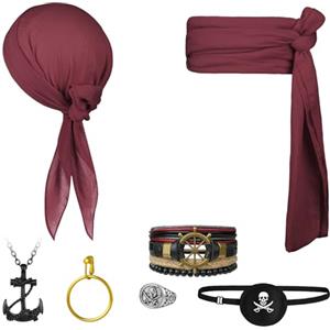 Alaoo Kit Accessori Pirata, 7 pezzi Capitano Pirata Costume Accessori cInclusi cintura, foulard, collana, mascherina per gli occhi, braccialetto, anello, orecchini, per Halloween Carnevale Festa(7pcs)