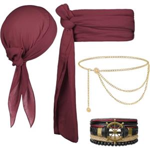 Alaoo Kit Accessori Pirata, 4 pezzi Capitano Pirata Costume Accessori (con cintura, braccialetto e bandana), Accessori per Costume da Pirata per Halloween Carnevale Festa(Bordeaux-4pcs)
