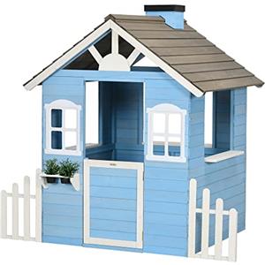 Outsunny Casa per Bimbi 3-7 Anni con Staccionata, Portavasi, Porta e Finestre, Casetta per Bambini in Legno di Abete, 151x112.5x142 cm, Blu