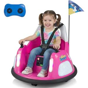 COSTWAY 12V Autoscontro Elettrico per Bambini, Macchina Elettrica per Bambini con Luci, Telecomando e Doppio Joystick, Rotazione a 360° per Bambini 18-72 Mesi (Rosa)