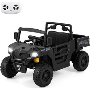 COSTWAY 12V Macchina Elettrica per Bambini 2 Posti, Auto Elettrica con Cassone Ribaltabile, Telecomando, Musica, Storie, Luci LED e Sospensione a Molla, Giocattolo per Bambini 3-8 Anni (Nero)