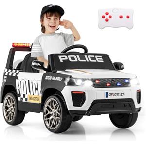 COSTWAY Auto della Polizia per Bambini, Macchina Elettrica 12V con Telecomando Connessione Wireless Musica Clacson Sirena e Luci LED, per Bambini 3-8 Anni (Bianco)