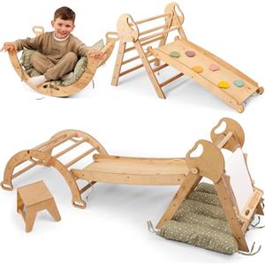 Goodevas Montessori 5 in 1 Set di strutture per arrampicata per interni, arco da arrampicata con cuscino, scivolo per bambini e arte, parco giochi per interni da 1 a 3 anni