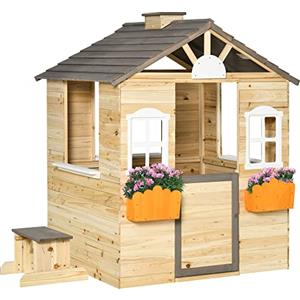 Outsunny Casetta Bimbi 3-7 Anni a 2 Finestre con Portavasi, Panchina e Stazione di Servizio, Casetta per Bambini in Legno di Abete e PP con Tetto Inclinabile, 113x94x134.5 cm