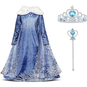 URAQT Vestito Principessa, Fantasia Costume Abito Principessa con Corona Scettro, Princess Vestito Carnevale Bambina Abito Adatto per Inverno(120cm)