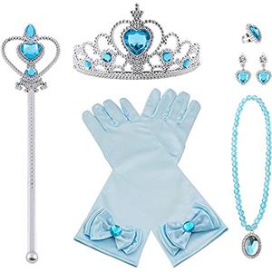 Vicloon Costumi da Principessa Set di 7 Pezzi Dono da Tiara,Guanti,Bacchetta Magica, Anello, Orecchino,Collana da 3 a 9 Anni (Blu)
