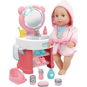 Generico Bambola che Beve e Fa Pipì Parlante con Specchiera Luminosa Sonora Lavandino con Acqua Funzionante Accessori Bagno Vasino Toilette Musica 10 Suoni Gabinetto Bambolotto cm 35 con Specchiera Deluxe