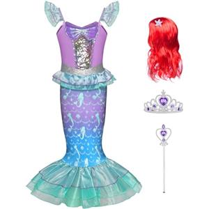 AYBUY Vestito Principessa Sirena, Vestito Sirena Ragazza con Parrucca, Costume da Sirenetta Vestito con 3 pezzi Accessori per Halloween, Natale, Cosplay, Compleanno,100CM