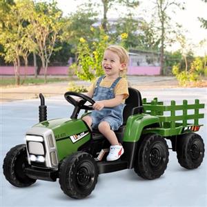 RELAX4LIFE Trattore Macchina Elettrica per Bambini 12V a 3 Marce con Rimorchio Staccabile e Telecomando 2,4G, Luci LED, Musica, Clacson e Funzione USB, per Bambini 3-8 Anni