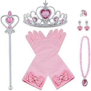 Vicloon Nuovi Costumi da Principessa 7Pcs Set Dono da Tiara, Guanti, Bacchetta Magica, Anello, orecchino, Collana da 3 a 9 Anni (Rosa)