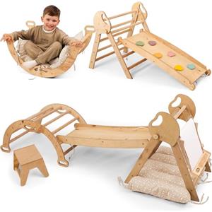 Goodevas Montessori 5-in-1 Set di strutture per Arrampicata per Interni, Arco da Arrampicata con Cuscino, Scivolo per Bambini e Arte, Parco Giochi per Interni da 1 a 3 Anni