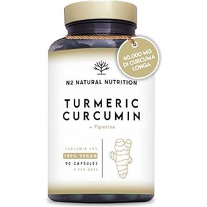 N2 Natural Nutrition Curcuma e Piperina Plus. 95% di Curcumina Alta Concentrazione Efficienza. Antinfiammatoria Digestivo Antiossidante Protettore.90 Capsule Vegetali. Certificato VEGANO CE. N2 Natural Nutrition