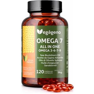 VEGÁGENO OMEGA 7 VEGAGENO - Olio di olivello spinoso con Omega 3 6 7 9 e vitamina E naturale. 120 capsule liquide vegetali. Con acido palmitoleico (Omega 7). Non OGM. Senza glutine. Prodotto vegano.