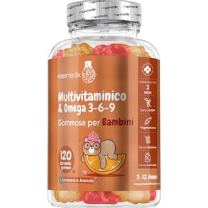 maxmedix Vitamine Bambini 120 Gommose (2 Mesi) con Omega 3 6 9, 12 Vitamine con Zinco e Inositolo, Senza Glutine, Multivitaminico Bambini, Gusto di Lampone e Arancia, per Vegetariani, Adatto dai 3 ai 12 Anni