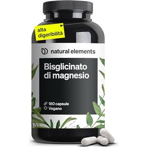 natural elements Magnesio Bisglicinato, 300mg di magnesio elementare/dose giornaliera, 180 capsule, Scorta 2 Mesi, Magnesio chelato, altamente digeribile, vegano, Dosaggio ottimale, Integratore Magnesio glicinato