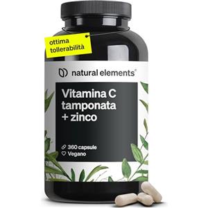 natural elements Vitamina C - 360 capsule - Elevato dosaggio con 1000 mg + 15 mg di zinco - Fermentato e tamponato a base vegetale (pH neutro, privo di acidi, delicato sullo stomaco) - Testato in laboratorio, vegano