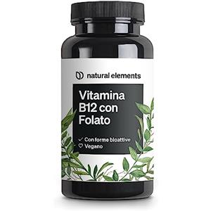 natural elements Vitamina B12, Metilcolbalamina B12 Vegan, 180 Compresse (6 mesi), 500µg Vitamina B12 e 200µg Acido folico, Dosaggio ottimale, senza Additivi inutili, prodotta in Germania e testata in Laboratorio