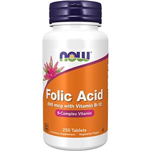 Now Foods, Folic Acid (Acido folico), 800 mcg, 250 Compresse vegane, Testato in Laboratorio, Dose elevata, Vitamina B12, Senza Glutine, Senza Soia, Vegetariano
