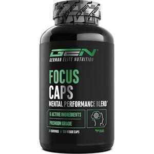 GEN GERMAN ELITE NUTRITION Focus Caps - 120 capsule - Miscela per le prestazioni mentali con L-Teanina, Tè verde, Guaranà, estratto di Citrus Aurantium, Caffeina, D-Glucuronolattone - ad alto dosaggio, vegan