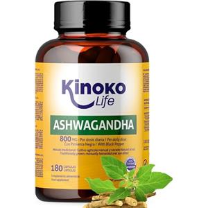 Kinoko life ASHWAGANDHA 800 mg - 180 Capsule | Estratto 10:1 con Pepe Nero (Piperina) | Adattogeno Naturale per Stress, Cortisolo ed Energia Mentale - Kinoko Life