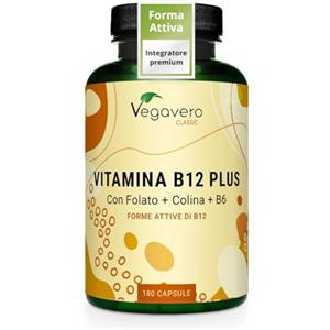Vegavero Vitamina B12 Vegan 1000 mcg | con Acido Folico, Vitamina B6 e Colina | Metilcobalamina + Adenosilcobalamina (Forme Attive) | SENZA ADDITIVI | 180 capsule