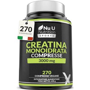 Xellerate Nutrition Creatina Monoidrata 3000mg - 270 Compresse Vegane - 3 Mesi di Scorta - 100% Pura - Creatine Monohydrate per Uomini e Donne - Prodotta in Europa - Integratore Pre & Post Workout - Nu U Nutrition Sports