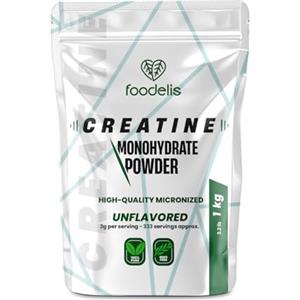 Foodelis Creatina Monoidrato Micronizzata in Polvere 1 kg - Senza Sapore - 100% Creatina Pura - Senza Additivi - Facile da Miscelare - Misurino Incluso