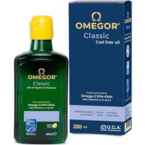 Omegor Olio di Fegato di Merluzzo Liquido OMEGOR Classic 250ml - Senza Retrogusto di Pesce - Omega 3 Liquido 1000mg con Vitamine A, D, E - 540mg DHA 360mg EPA