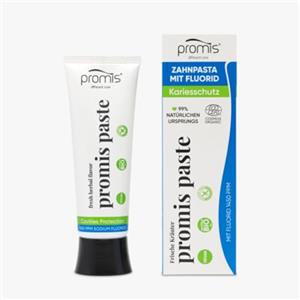 Promis Paste - Dentifricio Naturale Anti-Carie per Denti Sensibili, Con Fluoro 1450 ppm, Xylitol, Biologico, Certificato Ecocert Cosmos Organic, Vegano, RDA 46