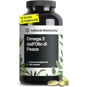 natural elements Omega 3 Olio di Pesce 2000mg - 365 softgels capsule - 360mg EPA e 240mg DHA per porzione - alto dosaggio - prodotto e testato in laboratorio in Germania
