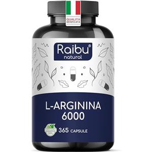 RAIBU L-Arginina - 365 Capsule Vegane - 6000 mg di L Arginina HCL Pura per Dose Giornaliera - Alto Dosaggio, Senza Additivi e Testato in Laboratorio - Naturale Integratore Alimentare