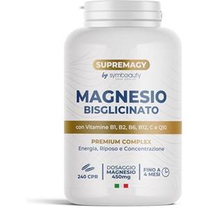 SYMBEAUTY SUPREMAGY MAGNESIO BISGLICINATO 450mg (Fornitura 4 Mesi) 240 CPR - Magnesio Completo | Vitamina B12, B1, B2, B6, C e Coenzima Q10 | Integratore Stanchezza Fisica e Mentale - Vegano e Made in Italy