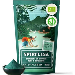 NaturaleBio Alga Spirulina Biologica in Polvere 200g. Bio, Naturale e Pura, Coltivata nelle regioni tropicali dell'Asia. Ideale in bevande, frullati o per Ricette. Adatta a Vegetariani e Vegani.