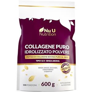 Nu U Nutrition Polvere di collagene 600 g - 100 porzioni - Bovino puro al 100% di alta qualità - Peptidi di collagene idrolizzati con 8 aminoacidi essenziali - Collagene idrolizzato non aromatizzato -