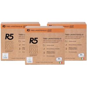 R5, Eco Tabs Lavastoviglie, 90 Pastiglie Lavastoviglie, con Tensioattivi di Origine Vegetale, Certificate Ecolabel, Made in Italy, 3 x 30 Pods