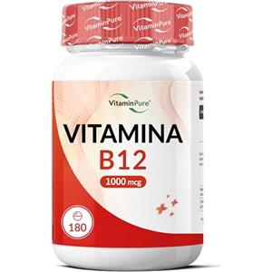VitaminPure Vitamina B12 1000 mcg Alto Dosaggio, 180 Micro Compresse Vegan, Cianocobalamina ad Alta Biodisponibilità, Contribuisce a Metabolismo Energetico e Riduzione di Stanchezza e Affaticamento - VitaminPure