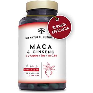 N2 Natural Nutrition Maca Peruviana + Ginseng + L Arginina. Tripla Energia. Zinco + Vitamine C e B. Prestazioni sportive. Riduce Stanchezza e Fatica. Antiossidante. 120 Capsule. CE, Vegano, N2 Natural Nutrition