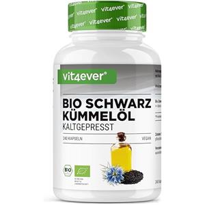 Vit4ever Capsule di olio di cumino nero biologico - 240 capsule vegane - dose elevata: 1000 mg di olio per dose giornaliera - 50% acido linoleico - spremuto a freddo