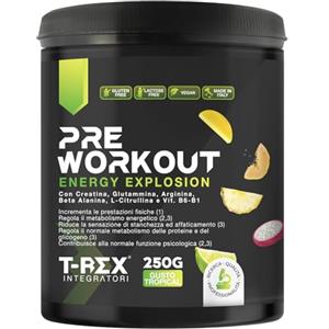 T-Rex Integratori Pre Workout, Energy Drink Potente con Creatina Monoidrata, Bcaa, Arginina, Beta Alanina e Vitamine - Senza Caffeina, 250 g (250 g (Confezione da 1), Tropical)