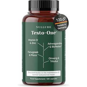 Nullure Testo-One® Testosterone Uomo | Senza Stearato di Magnesio | Testato da laboratori indipendenti | Maca +Tribulus Terrestris + Ashwagandha + Ginseng + Fenogreco + Zinco|120 capsule (2 mesi)